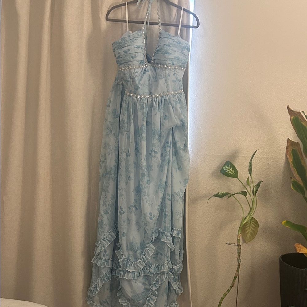 Blue Floral Halter Dress